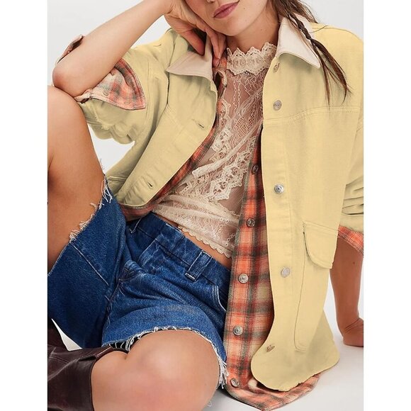 Women's Oversized Denim Jacket with Contrast Trim Long Sleeve Button Down Yellow - Picture 5 of 6